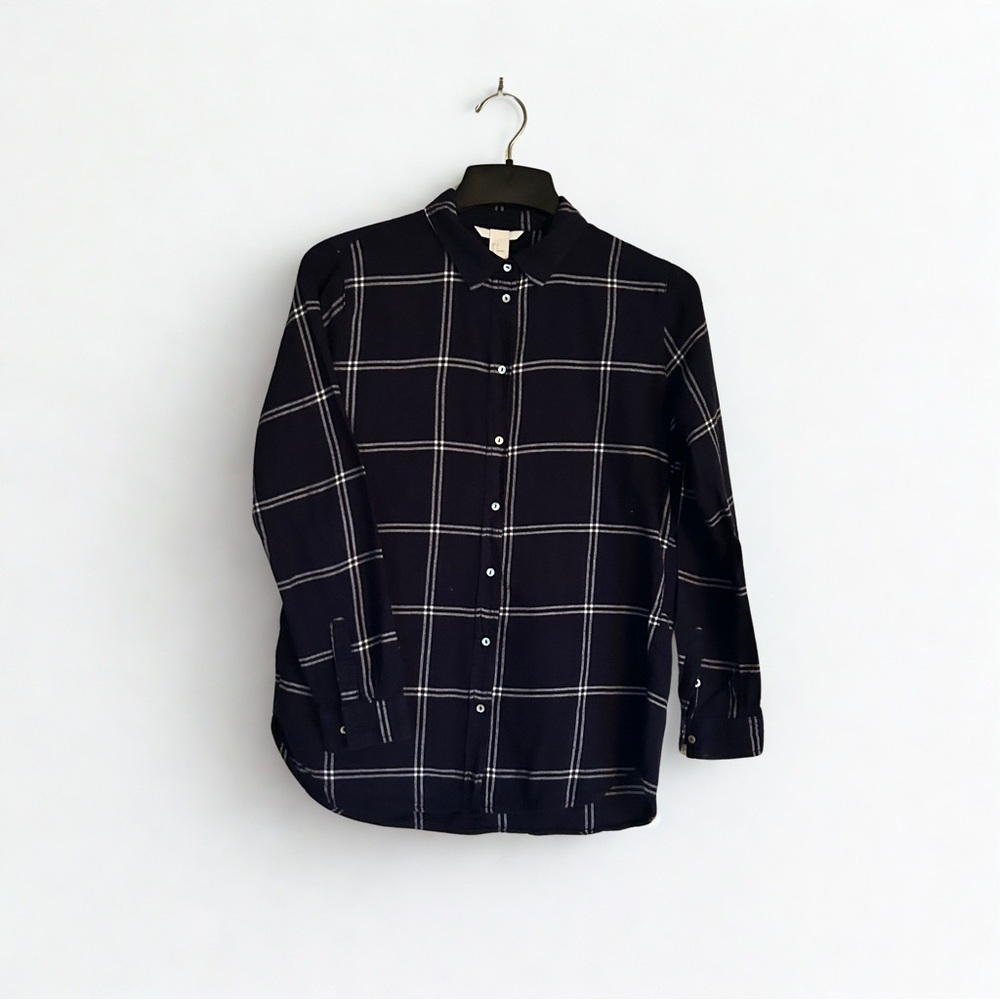 H&M Women’s Navy Blue Plaid Button-Down Shirt Size 4 EUC